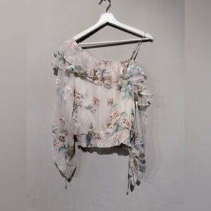 ASTR the Label floral one-shoulder ruffle top Silk Blend Spring Summer Women L